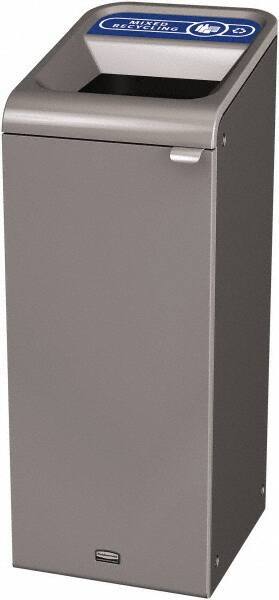 Rubbermaid - 15 Gal Gray Rectangle Decorative Indoor Single Stream Waste Receptacle - Metal, Mixed Recycling Graphic, 37.965" High x 14.784" Long x 19-1/2" Wide, Lid Included - Benchmark Tooling