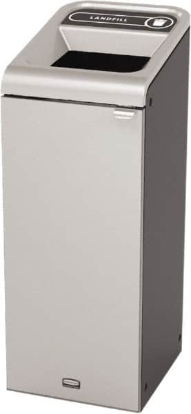 Rubbermaid - 15 Gal Gray Rectangle Decorative Indoor Single Stream Waste Receptacle - Metal, Landfill Graphic, 37.965" High x 14.784" Long x 19-1/2" Wide, Lid Included - Benchmark Tooling