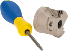 Iscar - 5 Inserts, 1-1/2" Cut Diam, 1/2" Arbor Diam, 0.315" Max Depth of Cut, Indexable Square-Shoulder Face Mill - 0/90° Lead Angle, 1.37" High, HM390 TPKT 1003 Insert Compatibility, Through Coolant, Series HeliIQMill - Benchmark Tooling