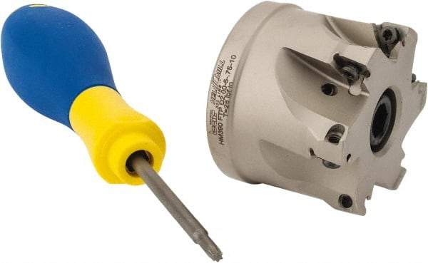 Iscar - 6 Inserts, 2" Cut Diam, 3/4" Arbor Diam, 0.315" Max Depth of Cut, Indexable Square-Shoulder Face Mill - 0/90° Lead Angle, 1.57" High, HM390 TPKT 1003 Insert Compatibility, Through Coolant, Series HeliIQMill - Benchmark Tooling