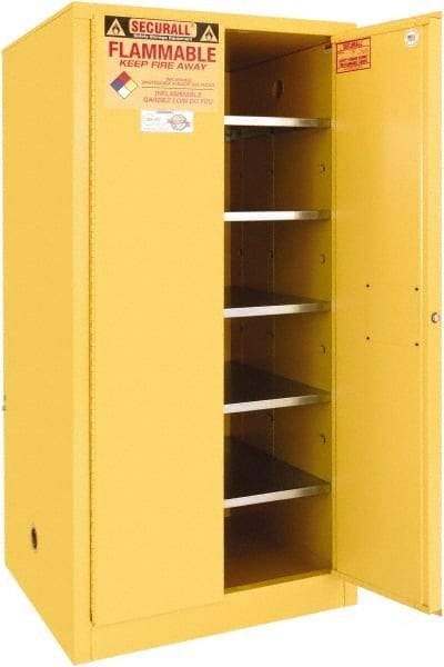 Securall Cabinets - 2 Door, 5 Shelf, Yellow Steel Standard Safety Cabinet for Flammable and Combustible Liquids - 65" High x 31" Wide x 31" Deep, Manual Closing Door, 3 Point Key Lock, 120 Gal Capacity - Benchmark Tooling