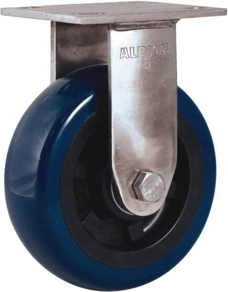 Albion - 5" Diam x 2" Wide x 6-1/2" OAH Top Plate Mount Rigid Caster - Polyurethane Mold on Polypropylene, 600 Lb Capacity, Delrin Bearing, 4 x 4-1/2" Plate - Benchmark Tooling