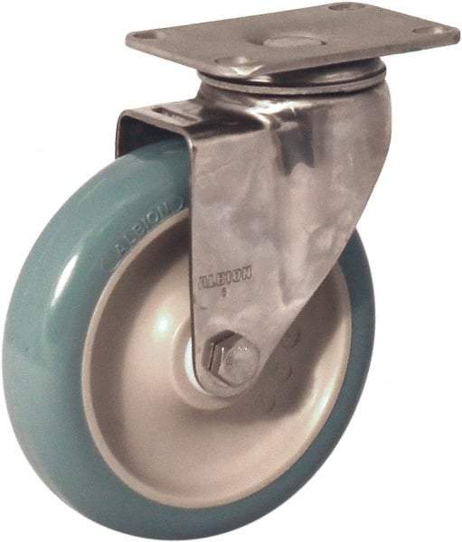 Albion - 5" Diam x 1-1/4" Wide x 6-3/16" OAH Top Plate Mount Swivel Caster - Antimicrobial Polyurethane over Polypropylene, 350 Lb Capacity, Delrin Bearing, 2-1/2 x 3-5/8" Plate - Benchmark Tooling