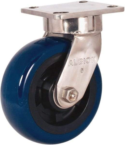 Albion - 6" Diam x 2" Wide x 7-1/2" OAH Top Plate Mount Swivel Caster - Polyurethane Mold on Polypropylene, 1,100 Lb Capacity, Stainless Steel Roller Bearing, 4 x 4-1/2" Plate - Benchmark Tooling