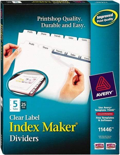 AVERY - 11 x 8-1/2" 5 Tabs, Three Hole Clear Plastic Reinforced Binder Holes, Tab Divider - Clear Tabs, White Folder - Benchmark Tooling