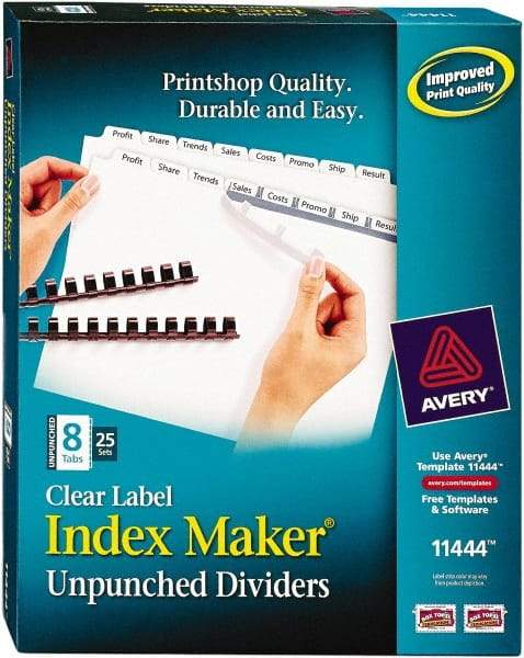 AVERY - 11 x 8-1/2" 8 Tabs, Unpunched Clear Plastic Reinforced, Tab Divider - Clear Tabs, White Folder - Benchmark Tooling