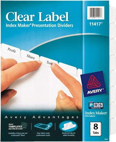 AVERY - 11 x 8-1/2" 8 Tabs, Three Hole Clear Plastic Reinforced Binder Holes, Tab Divider - Clear Tabs, White Folder - Benchmark Tooling