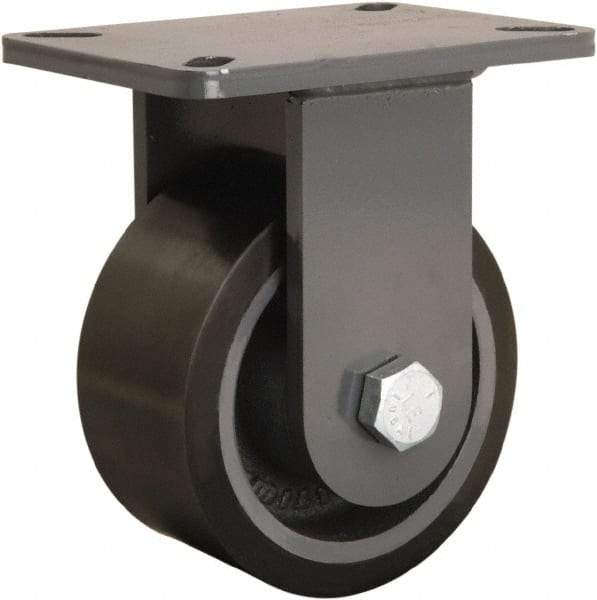 Hamilton - 6" Diam x 3" Wide x 8" OAH Top Plate Mount Rigid Caster - Polyurethane Mold onto Cast Iron Center, 2,860 Lb Capacity, Tapered Roller Bearing, 5-1/4 x 7-1/4" Plate - Benchmark Tooling