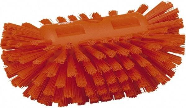 Vikan - 1-1/2" Bristle Length, Polyester Utility Scrub Brush - 5-1/2" Wide Head, 8" OAL, European Threaded Handle, Orange, Polypropylene Block - Benchmark Tooling