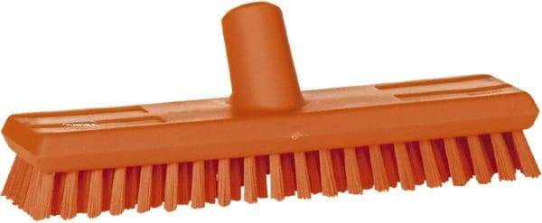 Vikan - 1" Bristle Length, Polyester Scrub Brush - 10-5/8" Long x 2-1/2" Wide Head, 11" OAL, European Threaded Handle, Orange, Polypropylene Block - Benchmark Tooling