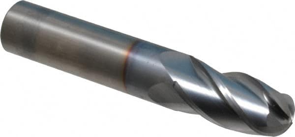 OSG - 5/8" Diam, 1-1/4" LOC, 4 Flute Solid Carbide Ball End Mill - TiCN Finish, Single End, 3-1/2" OAL, 5/8" Shank Diam, Spiral Flute - Benchmark Tooling