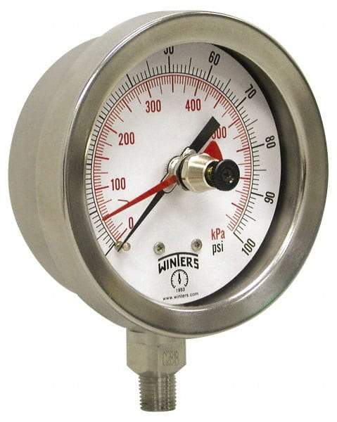 Winters - 2-1/2" Dial, 1/4 Thread, 0-100 Scale Range, Pressure Gauge - Lower Connection Mount, Accurate to 1% of Scale - Benchmark Tooling