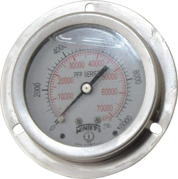 Winters - 2-1/2" Dial, 1/4 Thread, 0-10,000 Scale Range, Pressure Gauge - Front Flange Panel Mount, Center Back Connection Mount, Accurate to 1.6% of Scale - Benchmark Tooling