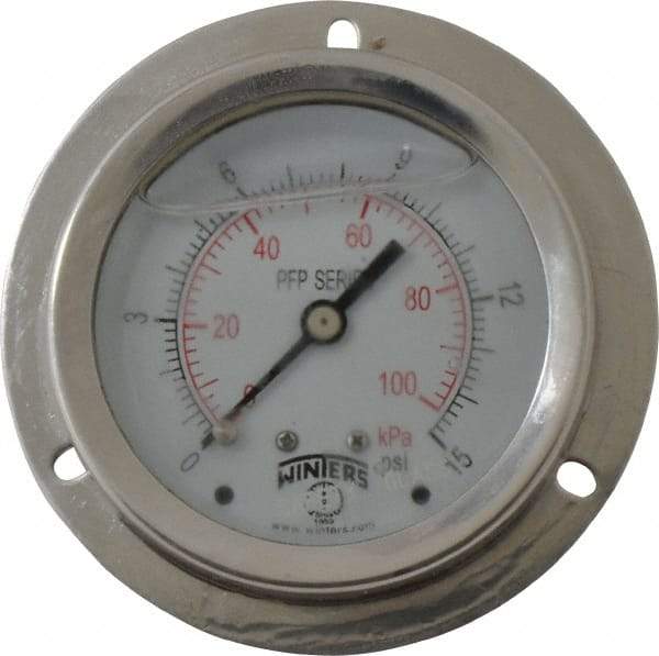 Winters - 2-1/2" Dial, 1/4 Thread, 0-15 Scale Range, Pressure Gauge - Front Flange Panel Mount, Center Back Connection Mount, Accurate to 1.6% of Scale - Benchmark Tooling