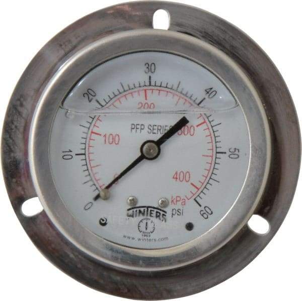 Winters - 2-1/2" Dial, 1/4 Thread, 0-60 Scale Range, Pressure Gauge - Front Flange Panel Mount, Center Back Connection Mount, Accurate to 1.6% of Scale - Benchmark Tooling