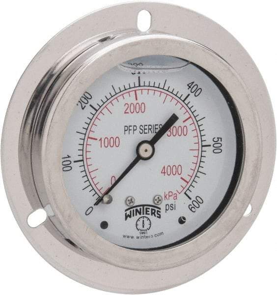 Winters - 2-1/2" Dial, 1/4 Thread, 0-600 Scale Range, Pressure Gauge - Front Flange Panel Mount, Center Back Connection Mount, Accurate to 1.6% of Scale - Benchmark Tooling