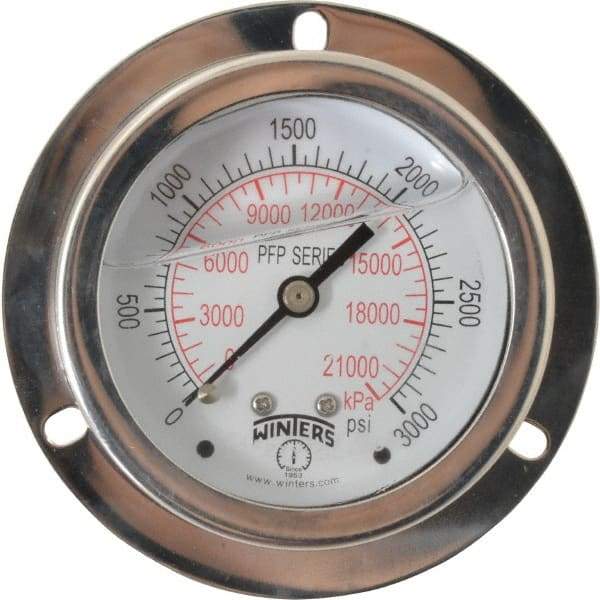 Winters - 2-1/2" Dial, 1/4 Thread, 0-3,000 Scale Range, Pressure Gauge - Front Flange Panel Mount, Center Back Connection Mount, Accurate to 1.6% of Scale - Benchmark Tooling