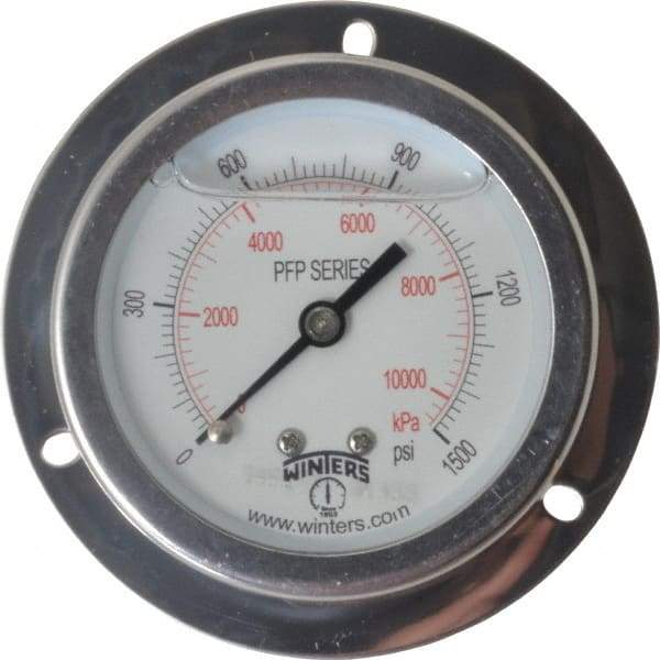 Winters - 2-1/2" Dial, 1/4 Thread, 0-1,500 Scale Range, Pressure Gauge - Front Flange Panel Mount, Center Back Connection Mount, Accurate to 1.6% of Scale - Benchmark Tooling