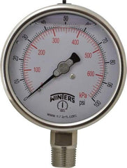 Winters - 4" Dial, 1/2 Thread, 0-100 Scale Range, Pressure Gauge - Lower Connection Mount, Accurate to 1% of Scale - Benchmark Tooling