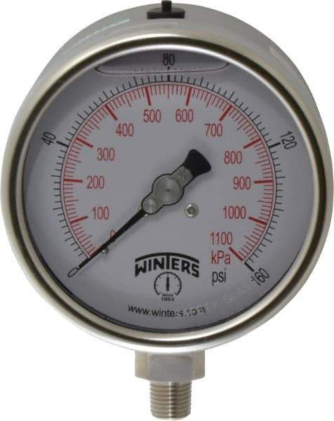 Winters - 4" Dial, 1/4 Thread, 0-160 Scale Range, Pressure Gauge - Lower Connection Mount, Accurate to 1% of Scale - Benchmark Tooling