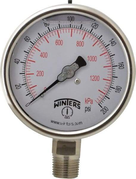 Winters - 4" Dial, 1/2 Thread, 0-200 Scale Range, Pressure Gauge - Lower Connection Mount, Accurate to 1% of Scale - Benchmark Tooling