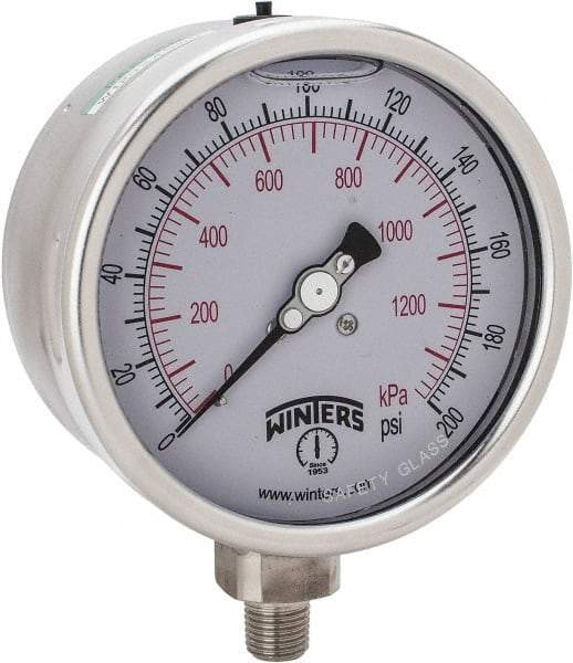 Winters - 4" Dial, 1/4 Thread, 0-200 Scale Range, Pressure Gauge - Lower Connection Mount, Accurate to 1% of Scale - Benchmark Tooling