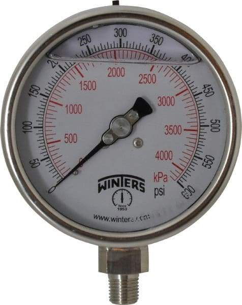 Winters - 4" Dial, 1/4 Thread, 0-600 Scale Range, Pressure Gauge - Lower Connection Mount, Accurate to 1% of Scale - Benchmark Tooling