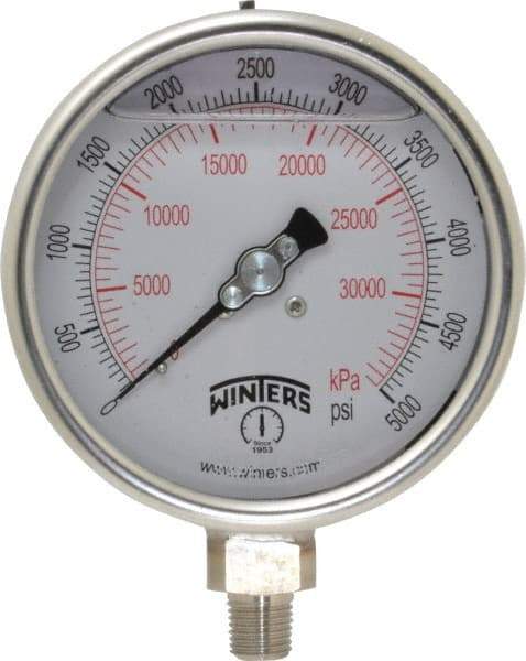 Winters - 4" Dial, 1/4 Thread, 0-5,000 Scale Range, Pressure Gauge - Lower Connection Mount, Accurate to 1% of Scale - Benchmark Tooling