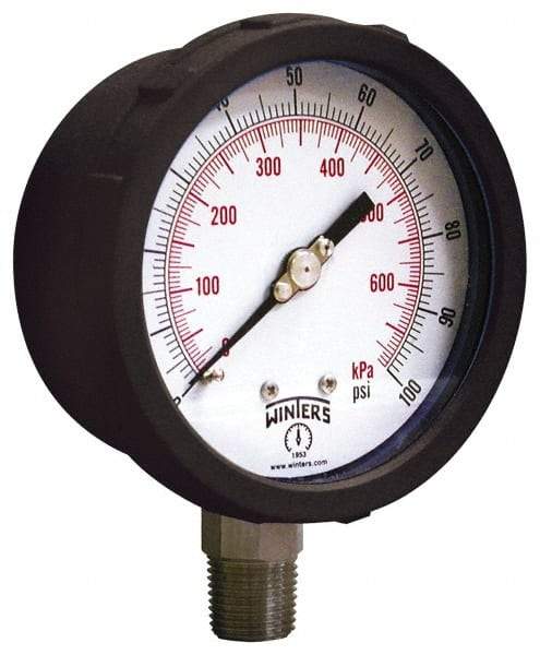 Winters - 4" Dial, 1/4 Thread, 30-0-100 Scale Range, Pressure Gauge - Lower Connection Mount, Accurate to 1% of Scale - Benchmark Tooling