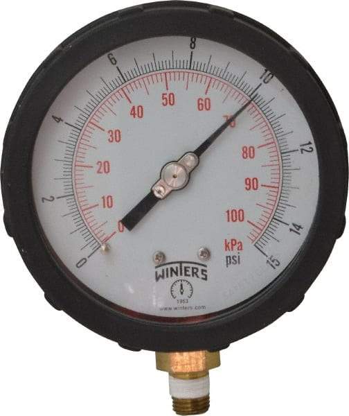 Winters - 4" Dial, 1/4 Thread, 0-15 Scale Range, Pressure Gauge - Lower Connection Mount, Accurate to 1% of Scale - Benchmark Tooling