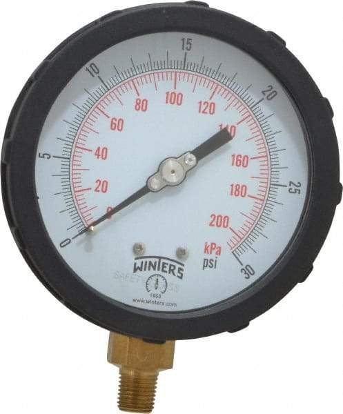 Winters - 4" Dial, 1/4 Thread, 0-30 Scale Range, Pressure Gauge - Lower Connection Mount, Accurate to 1% of Scale - Benchmark Tooling