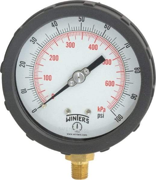 Winters - 4" Dial, 1/4 Thread, 0-100 Scale Range, Pressure Gauge - Lower Connection Mount, Accurate to 1% of Scale - Benchmark Tooling