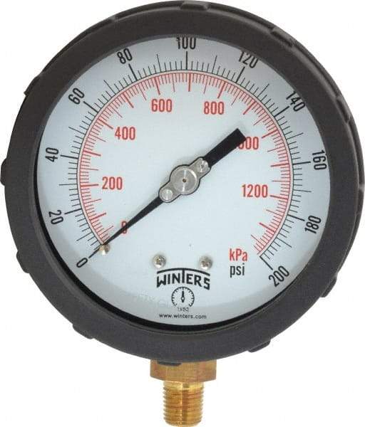 Winters - 4" Dial, 1/4 Thread, 0-200 Scale Range, Pressure Gauge - Lower Connection Mount, Accurate to 1% of Scale - Benchmark Tooling