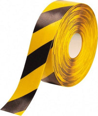 PRO-SAFE - Black & Yellow Striped PVC Tape - 3" Wide x 100' Long x 50 mil Thick, General Traffic - Benchmark Tooling