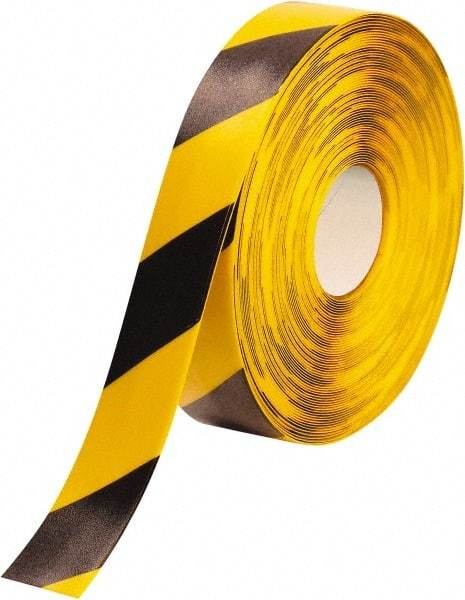 PRO-SAFE - Black & Yellow Striped PVC Tape - 2" Wide x 100' Long x 50 mil Thick, General Traffic - Benchmark Tooling