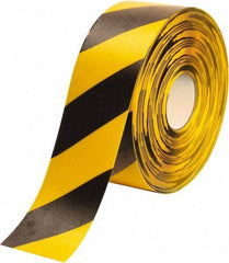 PRO-SAFE - Black & Yellow Striped PVC Tape - 4" Wide x 100' Long x 50 mil Thick, General Traffic - Benchmark Tooling