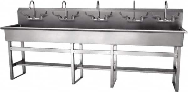 SANI-LAV - 97" Long x 16-1/2" Wide Inside, 1 Compartment, Grade 304 Stainless Steel Hand Sink-Pedestal Mount - 16 Gauge, 100" Long x 20" Wide x 45" High Outside, 8" Deep - Benchmark Tooling