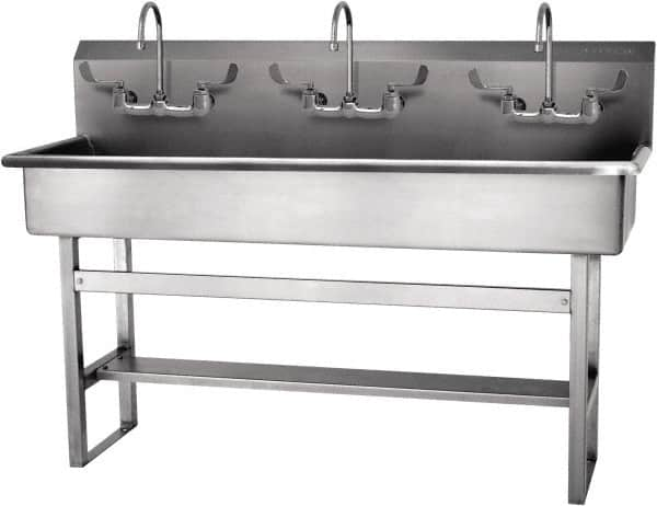 SANI-LAV - 57" Long x 16-1/2" Wide Inside, 1 Compartment, Grade 304 Stainless Steel Hand Sink-Pedestal Mount - 16 Gauge, 60" Long x 20" Wide x 45" High Outside, 8" Deep - Benchmark Tooling