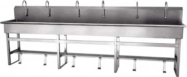 SANI-LAV - 117" Long x 16-1/2" Wide Inside, 1 Compartment, Grade 304 Stainless Steel Hands Free Hand Sink - 16 Gauge, 120" Long x 20" Wide x 45" High Outside, 8" Deep - Benchmark Tooling