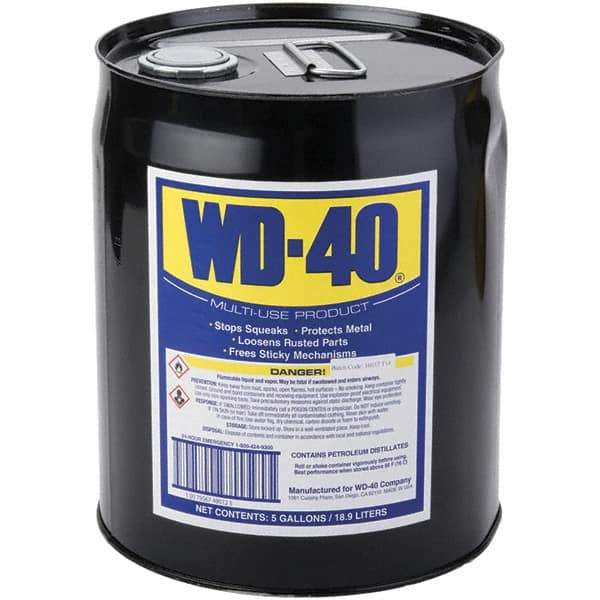 WD-40 - 5 Gal Pail Multi-Use Product - Bulk, Liquid, Stop Squeaks, Removes & Protects, Loosens Rusted Parts, Free Sticky Mechanisms, Drives Out Moisture - Benchmark Tooling