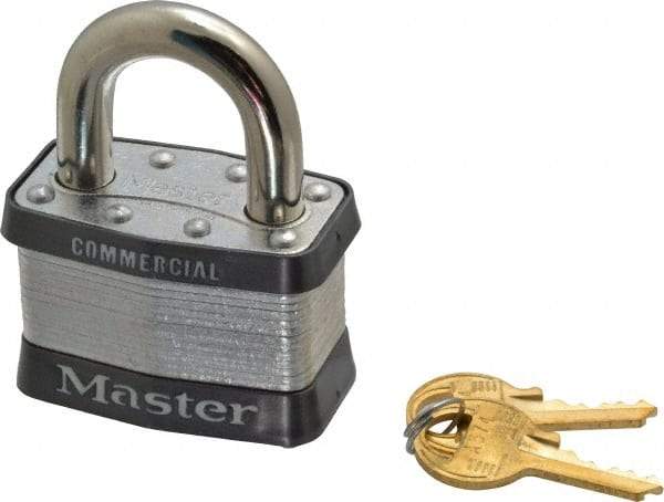 Master Lock - 1" Shackle Clearance, Keyed Different Padlock - 15/16" Shackle Width, 3/8" Shackle Diam, Laminated Steel - Benchmark Tooling