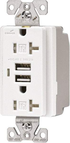 Cooper Wiring Devices - 2 USB Port, 2 Receptacle, 125 VAC, 5 VDC USB Receptacle - 5-15R NEMA Configuration, 20 Amp, White, 2.1 Amp Charging Power, Automatic Grounding, Screw Mount - Benchmark Tooling