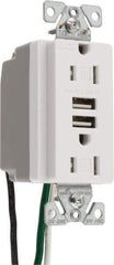 Cooper Wiring Devices - 2 USB Port, 2 Receptacle, 125 VAC, 5 VDC USB Receptacle - 5-15R NEMA Configuration, 15 Amp, White, 2.1 Amp Charging Power, Automatic Grounding, Screw Mount - Benchmark Tooling