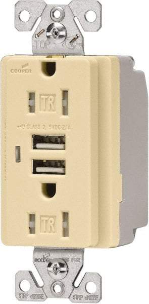 Cooper Wiring Devices - 2 USB Port, 2 Receptacle, 125 VAC, 5 VDC USB Receptacle - 5-15R NEMA Configuration, 15 Amp, Ivory, 2.1 Amp Charging Power, Automatic Grounding, Screw Mount - Benchmark Tooling