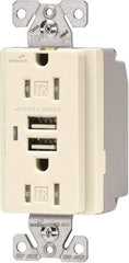 Cooper Wiring Devices - 2 USB Port, 2 Receptacle, 125 VAC, 5 VDC USB Receptacle - 5-15R NEMA Configuration, 15 Amp, Light Almond, 2.1 Amp Charging Power, Automatic Grounding, Screw Mount - Benchmark Tooling