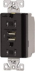 Cooper Wiring Devices - 2 USB Port, 2 Receptacle, 125 VAC, 5 VDC USB Receptacle - 5-15R NEMA Configuration, 15 Amp, Black, 2.1 Amp Charging Power, Automatic Grounding, Screw Mount - Benchmark Tooling