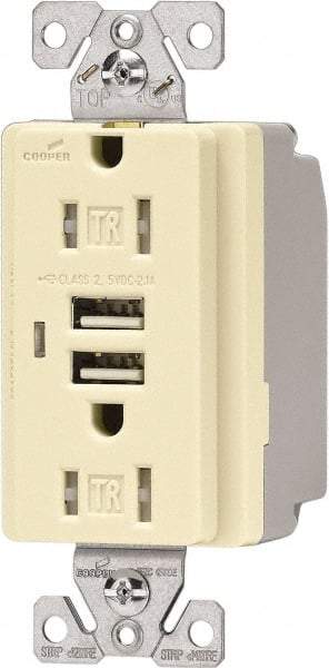 Cooper Wiring Devices - 2 USB Port, 2 Receptacle, 125 VAC, 5 VDC USB Receptacle - 5-15R NEMA Configuration, 15 Amp, Almond, 2.1 Amp Charging Power, Automatic Grounding, Screw Mount - Benchmark Tooling