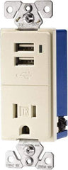 Cooper Wiring Devices - 2 USB Port, 1 Receptacle, 125 VAC, 5 VDC USB Receptacle - 5-15R NEMA Configuration, 15 Amp, Light Almond, Screw Mount - Benchmark Tooling