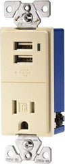 Cooper Wiring Devices - 2 USB Port, 1 Receptacle, 125 VAC, 5 VDC USB Receptacle - 5-15R NEMA Configuration, 15 Amp, Almond, Screw Mount - Benchmark Tooling