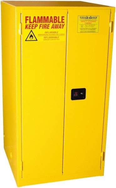 PRO-SAFE - 2 Door, 2 Shelf, Yellow Steel Standard Safety Cabinet for Flammable and Combustible Liquids - 65" High x 34" Wide x 34" Deep, Self Closing Door, 3 Point Key Lock, 60 Gal Capacity - Benchmark Tooling